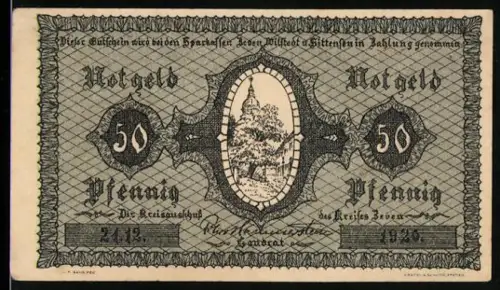 Notgeld Jever 1921, 50 Pfennig, Landschaft mit Baum und Sonnenaufgang im Ovalrahmen