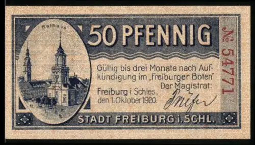 Notgeld Freiburg i. Schl. 1920, 50 Pfennig, Rathaus und städtische Sparkasse, Wappen mit Turm und Tor
