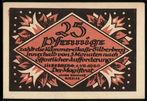 Notgeld Silberberg 1920, 25 Pfennig, stilisierte Figuren und Wappen mit Adler und Streifen
