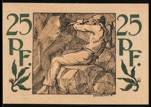 Notgeld Waldenburg i. Schl. 1918, 25 Pf, Mann beim Steinhauen und Baum im Wappen