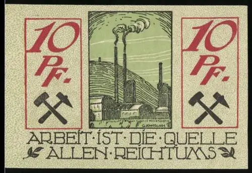 Notgeld Waldenburg /Schl. 1921, 10 Pfennig, Industrieanlage und Baum im Wappen