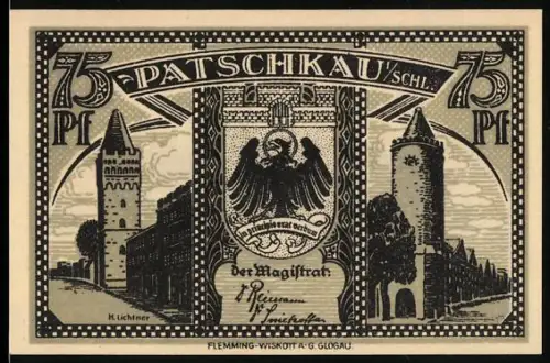 Notgeld Patschkau /Schl., 75 Pf, Ortsansicht mit Türmen und Wappen mit Adler