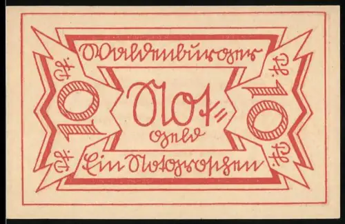 Notgeld Waldenburg 1921, 10 Pfennig, rote geometrische Muster und Schriftzüge