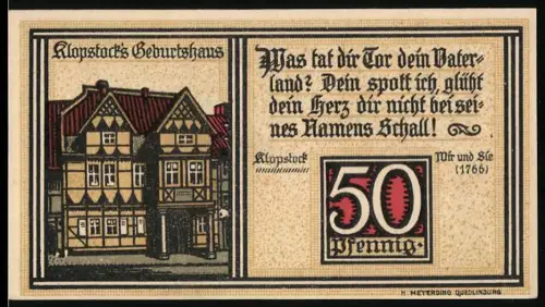 Notgeld Quedlinburg 1921, 50 Pfennig, Klopstocks Geburtshaus und Figur mit Laterne und Weinreben