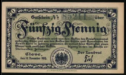 Notgeld Cleve 1918, 50 Pfennig, Burgansicht und Wappen des Kreises Cleve