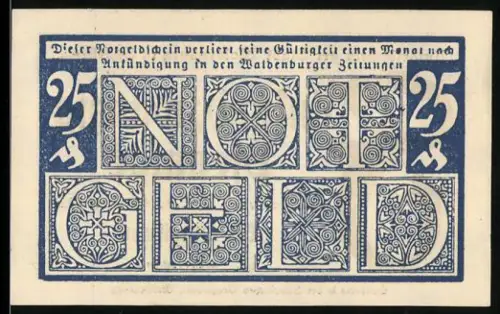 Notgeld Waldenburg i. Schl. 1920, 25 Pfennig, kunstvoll verzierte Buchstabenornamente