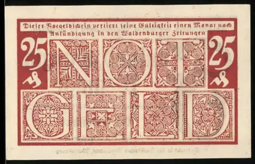 Notgeld Waldenburg i. Schl. 1920, 25 Pfennig, dekorative Buchstabenmuster