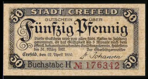 Notgeld Crefeld 1920, 50 Pfennig, Rathaus und Wappen