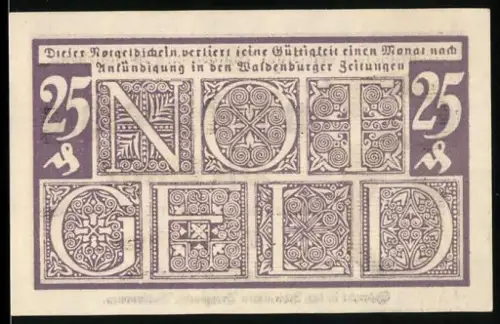 Notgeld Waldenburg i. Schl. 1920, 25 Pfennig, dekorative Schriftmuster