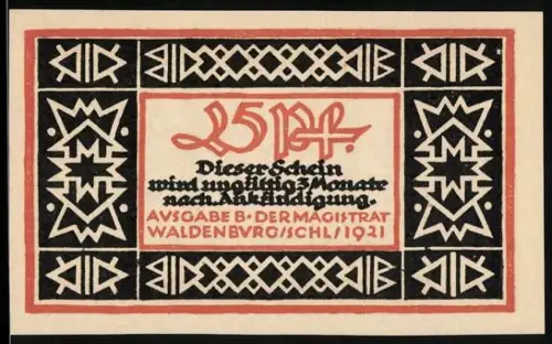 Notgeld Waldenburg /Schl. 1921, 25 Pf, Wappen mit Bäumen und Gebäude