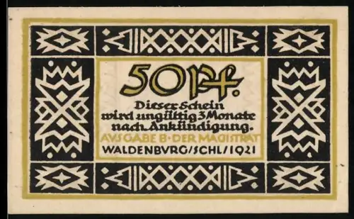 Notgeld Waldenburg /Schl. 1921, 50 Pf, mit stilisiertem Baum und geometrischem Muster