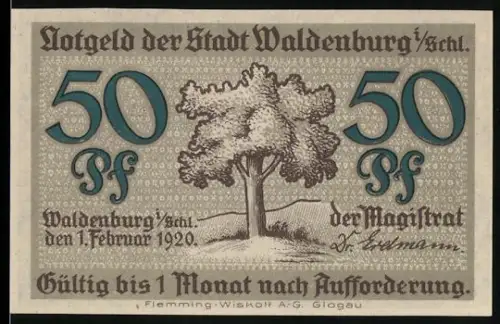 Notgeld Waldenburg i. Schl.. 1920, 50 Pf, Baum, Bergleute mit Zitat Arbeit ist die Quelle allen Reichtums