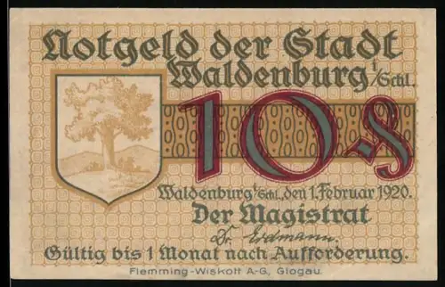 Notgeld Waldenburg i. Schles. 1920, 10 Pf., Wappen mit Baum und Bergleute in Arbeitsszene