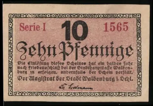 Notgeld Waldenburg i. Schl., 10 Pfennig, Gebäudeansicht mit Türmen und Menschenmenge