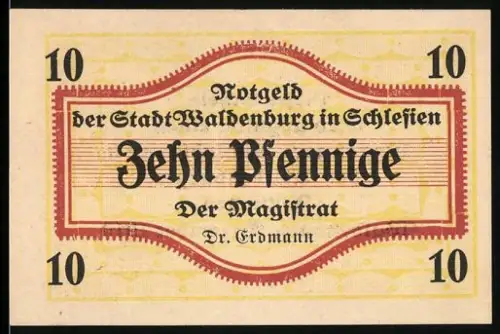 Notgeld Waldenburg in Schlesien 1919, 10 Pfennig, Text mit gelbem Rahmenmuster