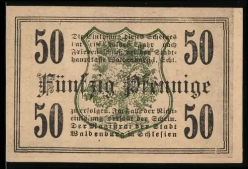Notgeld Waldenburg i. Schlesien, 50 Pfennig, grünes Wappen auf Schriftmotiv