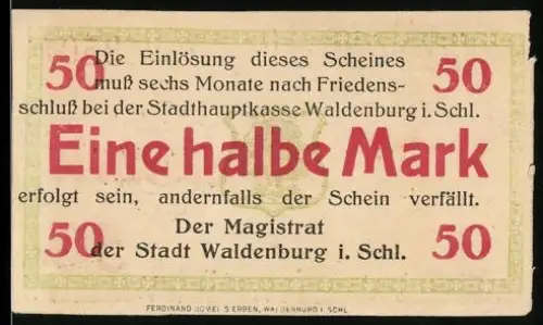 Notgeld Waldenburg i. Schl., ½ Mark, rote Schrift, grüne Verzierung