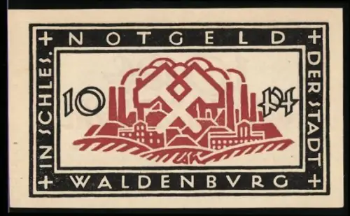 Notgeld Waldenburg /Schl. 1921, 10 Pf, Bergbau und Industrie Landschaft
