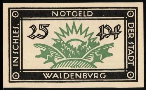Notgeld Waldenburg /Schl. 1921, 25 Pf, grünes Landschaftsmotiv mit stilisierten Pflanzen