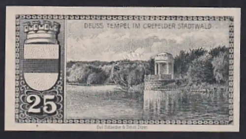Notgeld Crefeld 1920, 25 Pfennig, Deuss-Tempel im Crefelder Stadtwald, Wappen