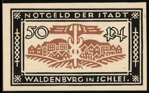 Notgeld Waldenburg /Schles. 1921, 50 Pf, Ortsansicht mit stilisiertem Wappen