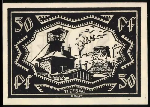Notgeld Waldenburg i. Schles. 1921, 50 Pf, Bergbau-Industrie und Schornsteine
