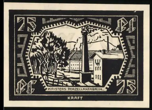 Notgeld Waldenburg i. Schles. 1921, 75 Pf, Krister`s Porzellanfabrik und Landschaft