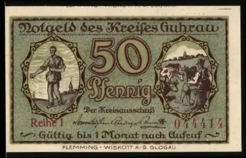 Notgeld Guhrau, 50 Pfennig, Beamter mit Schriftrolle und Viehwirtschaft, Kreishaus Guhrau