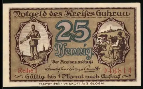Notgeld Guhrau 1921, 25 Pfennig, Maler und Landschaft, Kreishaus in Guhrau