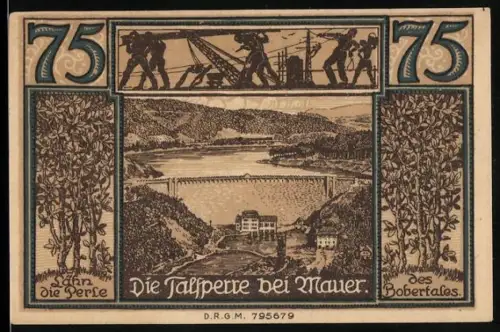 Notgeld Lähn i. Riesengebirge, 75 Pfennig, Talsperre und Allegorie der Arbeit
