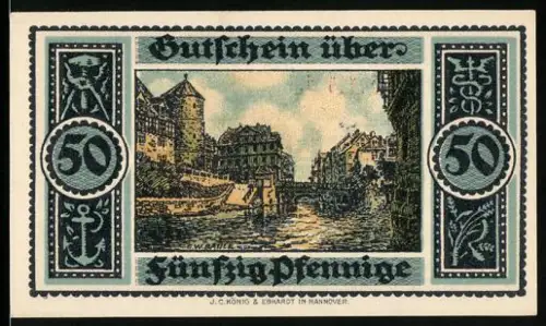 Notgeld Hannover 1921, 50 Pfennig, Ortsansicht am Wasser, Anker und Pflanzenornamente