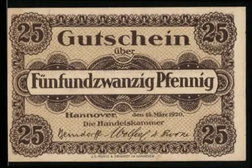 Notgeld Hannover 1920, 25 Pfennig, Gutschein der Handelskammer mit Verzierungsmuster