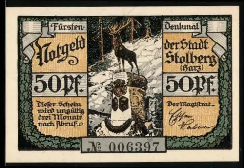 Notgeld Stolberg /Harz, 50 Pf, Denkmal mit Hirsch und Klingelbrunnen