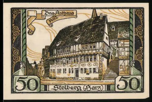 Notgeld Stolberg /Harz, 50 Pf., Rathaus und Hirsch im Wald
