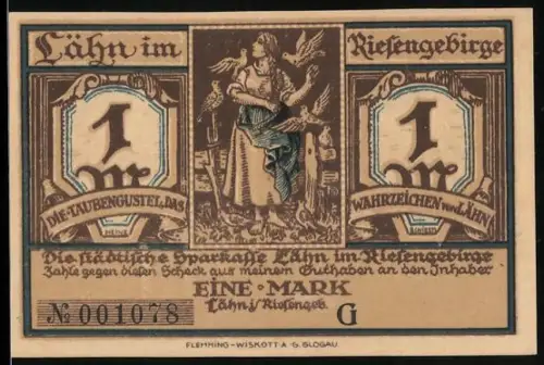 Notgeld Lähn i. Riesengebirge, 1 Mark, Taubengestütel und Sanatoriumsmotiv