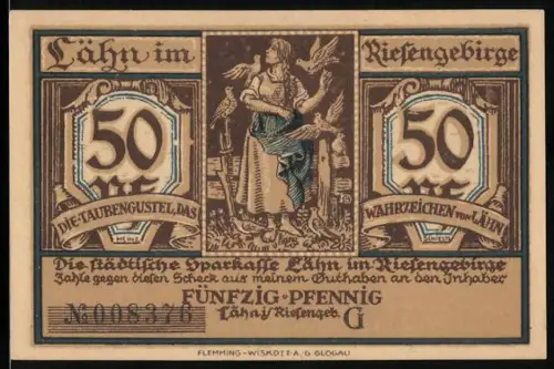 Notgeld Lähn i. Riesengebirge, 50 Pfennig, Taubengustel und Pädagogiumszene