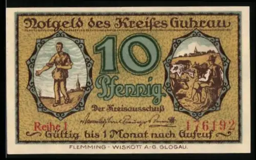 Notgeld Guhrau, 10 Pfennig, Landarbeiterszene und Kreishausillustration