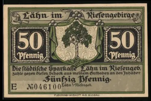 Notgeld Lähn i. Riesengebirge, 50 Pfennig, Baum und Burg Lehnhaus vor der Zerstörung 1646