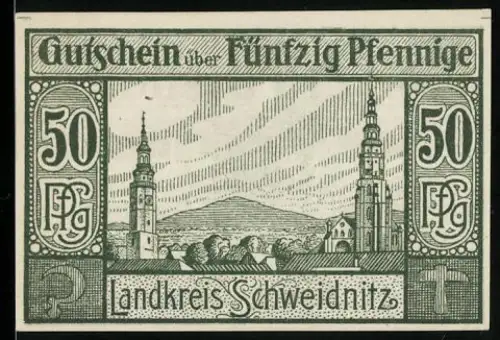 Notgeld Schweidnitz 1921, 50 Pfennig, Landschaft mit Kirchen und Berg, Wappen von Schweidnitz
