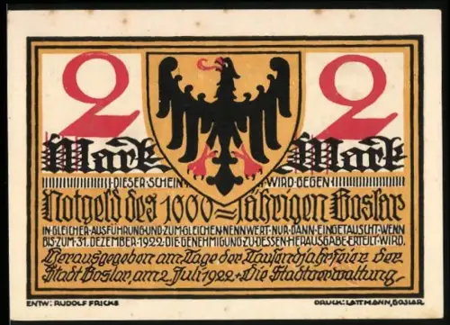 Notgeld Goslar 1922, 2 Mark, Reichsadler und Arbeiter mit Werkzeugen