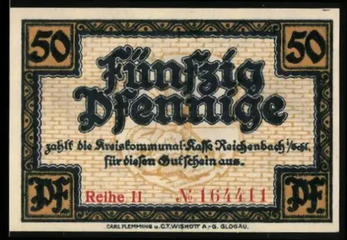 Notgeld Reichenbach /Schles., 50 Pfennig, Ornamental Schriftzug und Textmotiv
