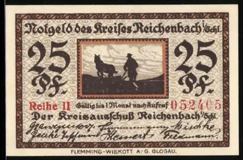 Notgeld Reichenbach i. Schles., 25 Pf, Silhouette mit Esel und Weberei-Szene