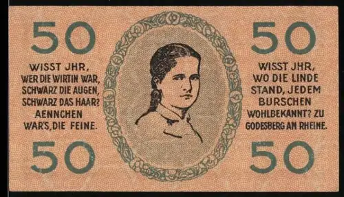 Notgeld Bad Godesberg a. Rhein 1920, 50 Pfennig, Porträt einer Frau mit Gedichttextelementen