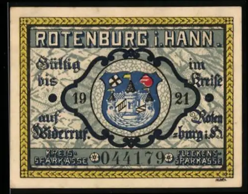 Notgeld Rotenburg i. Hann. 1921, 25 Pfennig, Landarbeiter und Wappen mit Haus und Bäumen