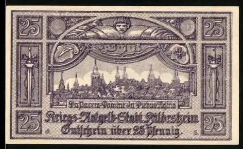Notgeld Hildesheim 1920, 25 Pfennig, Ortsansicht und Wappen von Hildesheim