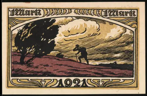 Notgeld Stuttgart 1921, 1 Mark, Wanderer und Landschaft mit Bäumen und Pferden