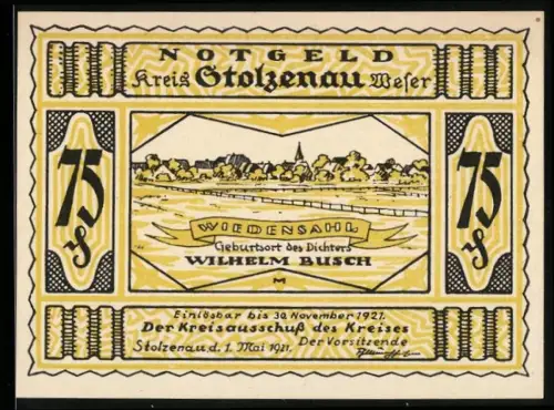 Notgeld Stolzenau /Weser 1921, 75 Pfennig, Geburtshaus Wilhelm Busch und humorvolle Szene