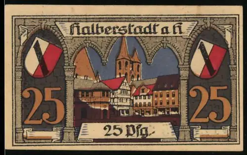Notgeld Halberstadt a.H. 1920, 25 Pf., Ortsansicht und Statue mit Wappen