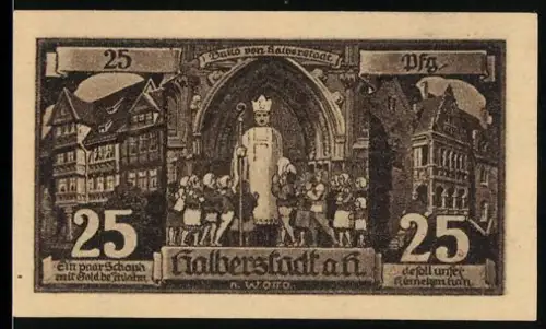 Notgeld Halberstadt a. H. 1921, 25 Pf, Statue mit Kindern und Soldat mit Schwert
