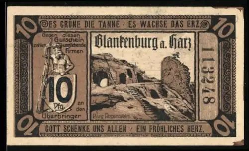 Notgeld Blankenburg a. Harz 1921, 10 Pfennig, Burg Regenstein und Bergmann mit Spitzhacke